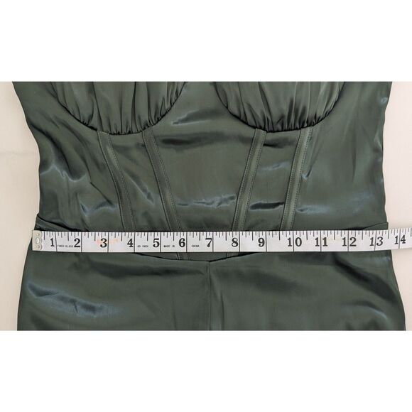 NWT Lulus Flirty Agenda Jumpsuit Medium Dark Green Satin Bustier Wide Leg Womens - Picture 11 of 12